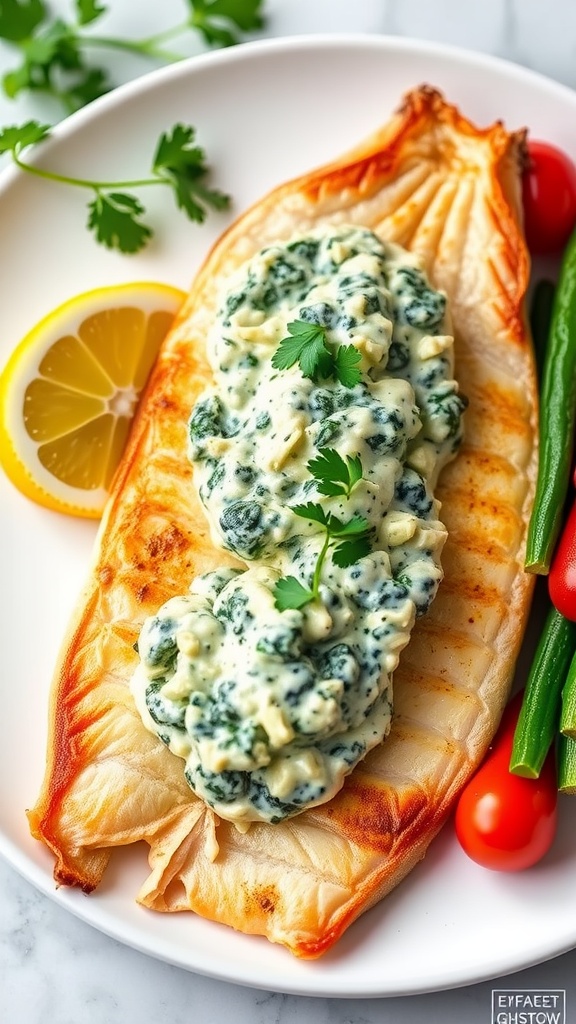 Plated branzino with creamy spinach and artichoke dip, garnished with parsley and served with vegetables.